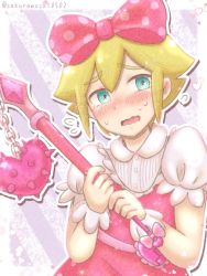 Rule 34 | 1boy, artist name, basil (faraway) (omori), basil (omori), blonde hair, blue eyes, blush, bow, cosplay, embarrassed, flying, hair bow, looking at viewer, mace, omori, open mouth, pink bow, puffy short sleeves, puffy sleeves, sakuramochi0502, short hair, short sleeves, solo, spiked mace, spikes, sweat, sweetheart (omori), sweetheart (omori) (cosplay), weapon