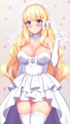 Rule 34 | 1girl, ayase-mio, bare shoulders, blonde hair, blue eyes, blunt bangs, blush, bow, breasts, bride, cleavage, commentary request, detached collar, dress, dress bow, elbow gloves, gloves, grey background, highres, large breasts, long hair, looking at viewer, parted lips, petals, pointy ears, princess connect!, saren (princess connect!), shiny skin, skindentation, sleeveless, sleeveless dress, solo, strapless, strapless dress, thighhighs, wedding dress, white bow, white dress, white gloves, white thighhighs, zettai ryouiki