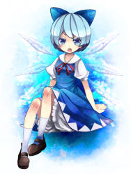 Rule 34 | alternate hairstyle, arm support, bad id, bad pixiv id, blue eyes, blue hair, bow, cirno, dress, embodiment of scarlet devil, hair bow, kozue, mary janes, open mouth, shoes, short hair, sitting, socks, solo, touhou, wings, yukibina