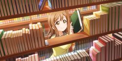Rule 34 | 1girl, absurdres, artist name, artist request, blush, book, bookshelf, bow, bowtie, breasts, brown eyes, brown hair, buttons, cardigan, collarbone, curly hair, eyebrows, female focus, grey sailor collar, hair between eyes, highres, holding, holding book, indoors, kunikida hanamaru, library, light brown hair, long hair, long sleeves, looking at viewer, love live!, love live! school idol festival, love live! school idol festival all stars, love live! sunshine!!, nail, nail polish, orange bow, parted lips, pink nails, sailor collar, school uniform, skirt, sleeves past wrists, smile, solo, sweater, upper body, uranohoshi school uniform, vest, yellow cardigan, yellow eyes, yellow sweater