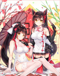 Rule 34 | 2girls, alternate costume, animal ears, atago (azur lane), azur lane, black gloves, black legwear, blunt bangs, branch, brown hair, china dress, chinese clothes, closed mouth, cloud, covered navel, dress, elbow gloves, feet out of frame, fingerless gloves, flower, folded fan, folding fan, garter straps, gloves, hair ribbon, hand fan, hand on another&#039;s shoulder, high ponytail, holding, holding fan, holding umbrella, kneeling, knees together feet apart, long hair, looking at viewer, mole, mole under eye, multiple girls, panties, panty peek, petals, pf, red ribbon, ribbon, side slit, sitting, sleeveless, sleeveless dress, smile, takao (azur lane), takao (the lessons of spring) (azur lane), tareme, thighhighs, umbrella, underwear, very long hair, white dress, white gloves, white panties, yellow eyes, yellow flower