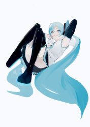 Rule 34 | 1girl, absurdly long hair, armpits, black footwear, black skirt, black sleeves, blue eyes, blue hair, blue necktie, boots, closed mouth, detached sleeves, dress, full body, hair between eyes, hatsune miku, highres, long hair, long sleeves, miniskirt, necktie, pleated skirt, potetoneko, skirt, sleeveless, sleeveless dress, solo, thigh boots, twintails, very long hair, vocaloid, white dress
