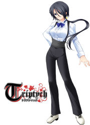 Rule 34 | 1girl, aona masao, bartender, black hair, blue eyes, bow, bowtie, breasts, buttons, collared shirt, contrapposto, copyright name, cross-laced footwear, crossdressing, floating hair, flower, full body, hair over one eye, hair ribbon, hand on own hip, hanon (triptych), high heels, large breasts, light smile, logo, long hair, long sleeves, looking at viewer, low ponytail, maid, nimura yuuji, official art, pants, plant, ribbon, saiga (company), sash, shirt, shoes, simple background, sleeve cuffs, smile, solo, standing, suspenders, triptych, very long hair, vines, white background, white shirt