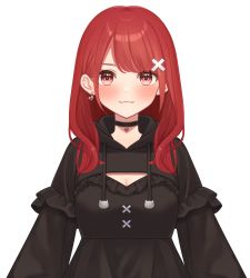 Rule 34 | 1girl, :3, black dress, blush, breasts, cleavage, cleavage cutout, closed mouth, clothing cutout, commentary request, copyright request, drawstring, dress, earrings, eyebrows hidden by hair, frilled dress, frills, hair ornament, heart, heart earrings, highres, hood, hood down, hooded dress, jewelry, kurono kito, long hair, long sleeves, looking at viewer, official art, red eyes, red hair, simple background, small breasts, smile, solo, upper body, virtual youtuber, white background, x hair ornament