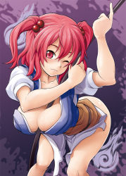 Rule 34 | 1girl, bent over, between breasts, breasts, cleavage, female focus, hair bobbles, hair ornament, large breasts, no panties, one eye closed, onozuka komachi, red eyes, red hair, soba (saz), solo, touhou, twintails, two side up, wink