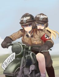 Rule 34 | 2girls, absurdres, armband, black footwear, blonde hair, blue eyes, blush, boots, breast pocket, brown coat, brown gloves, brown hair, closed mouth, coat, gloves, goggles, goggles around neck, helmet, highres, knee boots, long hair, looking away, military, military uniform, motor vehicle, motorcycle, motorcycle helmet, multiple girls, nazi, open mouth, original, outdoors, pocket, reichsadler, smile, swastika, unicron (brous), uniform