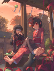 Rule 34 | 2girls, absurdres, barefoot, bench, black hair, black kimono, blindfold, cat, character request, chinese commentary, cloud, commentary request, dusk, feet, floral print, flower, foot focus, full body, hand to own mouth, hibana, highres, japanese clothes, kafei ji, kimono, long hair, mask, mask on head, multiple girls, noh mask, obi, oni mask, outdoors, red eyes, red kimono, sash, shadow corridor, short hair, siblings, sisters, sitting, sky, smile, soles, spider lily, toes