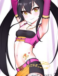 Rule 34 | 1girl, armpits, arms up, belt, belt buckle, black hair, blush, breasts, buckle, commentary, covered erect nipples, crop top, cross-laced clothes, dated, detached sleeves, hair between eyes, idolmaster, idolmaster cinderella girls, jewelry, kanzaki muyu, long hair, looking at viewer, matoba risa, miniskirt, navel, necklace, signature, skirt, small breasts, smile, solo, tattoo, twintails, underbust, yellow eyes