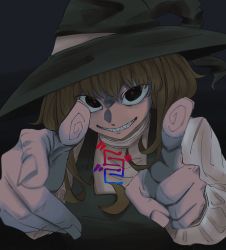 Rule 34 | 1girl, absurdres, black eyes, black hat, black vest, blonde hair, commentary request, cookie (touhou), crescent, crescent pin, eyes visible through hair, fingerprint, gogogo (cookie), grin, hat, highres, kirisame marisa, long hair, long sleeves, looking at viewer, odoro (nicoseiga81184094), pointing, pointing at viewer, sharp teeth, smile, solo, teeth, touhou, upper body, vest, witch hat