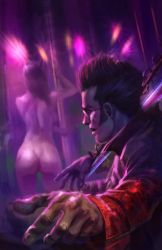 Rule 34 | 1boy, 1girl, ass, aviator sunglasses, black hair, clothes pull, glasses, jacket, looking at viewer, no more heroes, nude, pole, red jacket, shirt pull, sitting, smile, stripper, stripper pole, sunglasses, travis touchdown, upper body, weapon