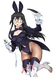Rule 34 | 1girl, animal ears, bad id, bad pixiv id, bare shoulders, black hair, black leotard, black pantyhose, blue eyes, blush, boots, bow, bowtie, breasts, cleavage, clipboard, detached collar, dri (drinker-dor), fake animal ears, glasses, gloves, high heel boots, high heels, highres, kantai collection, leotard, long hair, ooyodo (kancolle), open mouth, pantyhose, pen, playboy bunny, rabbit ears, semi-rimless eyewear, solo, strapless, strapless leotard, sweatdrop, tailcoat, thigh boots, thighhighs, white background, white gloves, wrist cuffs