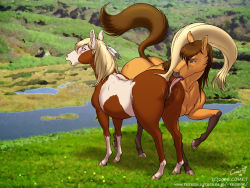 Rule 34 | anus, ass, blonde hair, blue eyes, brown eyes, brown hair, dr comet, furry, highres, hooves, horse, licking, looking back, pussy, rain (character), spirit: stallion of the cimarron, spirit (character), tail, tongue
