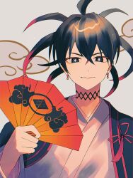 Rule 34 | 1boy, absurdres, black hair, choker, colored tips, commentary, crossed bangs, donten ni warau, earrings, hair between eyes, hand fan, highres, holding, holding fan, japanese clothes, jewelry, kimono, kumou tenka, looking at viewer, multicolored hair, red hair, solo, tsukuno tsuki, upper body, white kimono