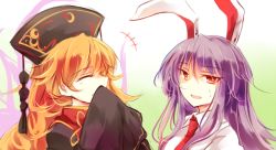 Rule 34 | +++, 2girls, animal ears, black dress, chinese clothes, closed mouth, covering own mouth, dress, hair ornament, junko (touhou), kutsuki kai, laughing, long hair, long sleeves, multiple girls, necktie, purple hair, rabbit ears, red eyes, reisen udongein inaba, touhou, wide sleeves