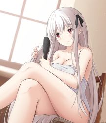 Rule 34 | 1girl, artist name, black ribbon, blurry, blurry background, blush, breasts, brushing hair, brushing own hair, cleavage, collarbone, crossed legs, day, eyes visible through hair, fingernails, girls&#039; frontline, hair between eyes, hair brush, hair ribbon, hands up, highres, holding, holding brush, indoors, kar98k (girls&#039; frontline), keenh, large breasts, long hair, naked towel, red eyes, ribbon, shiny skin, sitting, smile, solo, thighs, towel, very long hair, white hair, white towel, window, wooden chair