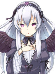Rule 34 | 00s, 1girl, :o, black wings, blush, detached collar, gothic lolita, hairband, highres, lolita fashion, long hair, looking at viewer, motorii, purple eyes, rozen maiden, silver hair, simple background, sketch, solo, suigintou, upper body, white background, wings