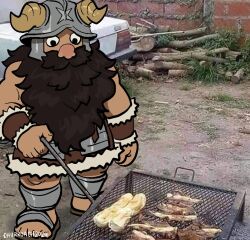 Rule 34 | 1boy, beard, churroach, cooking, dungeon meshi, dwarf, facial hair, fake horns, food, full body, grill, grilling, helmet, holding, holding tongs, horned helmet, horns, long beard, looking at object, male focus, muscular, muscular male, mustache, parody request, photo background, senshi (dungeon meshi), solo, standing, thick mustache, tongs, very long beard