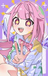 Rule 34 | + +, 1girl, :d, angel wings, blush, border, bow, bowtie, dress, hand up, knees up, long hair, long sleeves, looking at viewer, ootori emu, open mouth, outside border, paint in hair, paint on body, paint on clothes, paint splatter, paint splatter on face, pink bow, pink bowtie, pink eyes, pink hair, pink nails, project sekai, purple border, sanjuqing&#039;an, sharp teeth, sitting, smile, solo, sparkle, teeth, upper body, upper teeth only, w, white dress, white wings, wings