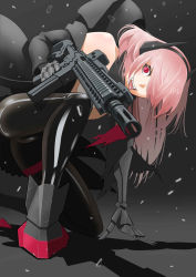 Rule 34 | 1girl, assault rifle, black jacket, black pantyhose, gear (gearba50), girls&#039; frontline, gun, hair over one eye, highres, jacket, long hair, looking at viewer, m4 sopmod ii (girls&#039; frontline), mechanical arms, on one knee, open mouth, pantyhose, pink eyes, pink hair, rifle, smile, solo, tongue, tongue out, weapon
