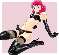 Rule 34 | 1girl, arm support, black footwear, black gloves, black thighhighs, boots, dildo, elbow gloves, female focus, fishnet thighhighs, fishnets, gankisuki, gloves, high heels, kneeling, latex, latex boots, latex gloves, latex top, leaning back, looking at viewer, on floor, pink background, pink eyes, pink hair, sex toy, simple background, sitting, smile, solo, strap-on, thighhighs, wariza