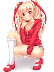 Rule 34 | 1girl, blonde hair, blush, bow, breasts, cleavage, closed mouth, collarbone, eyebrows, finger to mouth, frilled panties, frilled socks, frills, full body, hair bow, hidan no aria, hidan no aria aa, highres, index finger raised, jacket, kneehighs, long hair, long sleeves, looking at viewer, mary janes, mine riko, nottytiffy, panties, red bow, red eyes, red footwear, red jacket, shoes, simple background, smile, socks, solo, squatting, tareme, underwear, very long hair, white background, white socks, zipper