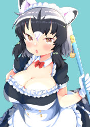 Rule 34 | 1girl, :o, alternate breast size, alternate costume, animal ear fluff, animal ears, apron, aqua background, bare arms, black hair, blush, bow, bowtie, breasts, brown hair, cleavage, common raccoon (kemono friends), detached collar, dress, enmaided, frills, gloves, grey hair, hair between eyes, hand on own hip, hand up, highres, holding, kemono friends, large breasts, looking at viewer, low neckline, maid, maid apron, maid headdress, medium hair, multicolored hair, open mouth, raccoon ears, raccoon girl, raccoon tail, shimanoji, short sleeves, simple background, solo, tail, white gloves, white hair, wing collar