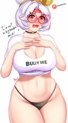 Rule 34 | 1girl, anisdrawn, black choker, black panties, blush, breasts, choker, cleavage, clothes writing, commentary, cowboy shot, crop top, cropped shirt, english text, glasses, hands on own chest, highres, large breasts, looking at viewer, midriff, navel, nintendo, no pants, open mouth, panties, purah, red-framed eyewear, red eyes, round eyewear, shirt, short sleeves, simple background, solo, standing, stomach, the legend of zelda, the legend of zelda: tears of the kingdom, thighs, underwear, white background, white hair, white shirt