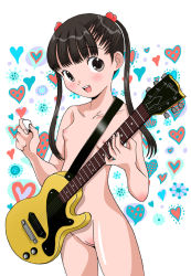 Rule 34 | 1girl, :d, blush, breasts, brown eyes, brown hair, cleft of venus, guitar, instrument, looking at viewer, natsumezaka sorekara, nipples, nude, open mouth, original, pussy, smile, solo, twintails, uncensored