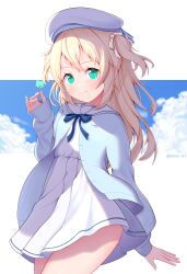 Rule 34 | 1girl, beret, blonde hair, blue bow, blue bowtie, blush, bow, bowtie, commentary request, cowboy shot, dress, green eyes, hat, hibiki-147, highres, long hair, long sleeves, looking at viewer, original, sailor dress, sidelocks, smile, solo, two side up, white dress, white hat