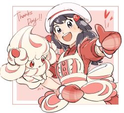 Rule 34 | 1girl, :d, alcremie, alcremie (strawberry sweet), apron, buttons, commentary request, creatures (company), dawn (palentine&#039;s 2021) (pokemon), dawn (pokemon), dress, eyelashes, game freak, gen 8 pokemon, grey eyes, grey hair, hair ornament, hairclip, hat, heart, long hair, looking at viewer, mittens, nintendo, official alternate costume, open mouth, pokemon, pokemon (creature), pokemon masters ex, rate (naze besu latte), red dress, red mittens, short sleeves, smile, teeth, thumbs up, upper body, white headwear