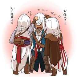 Rule 34 | 3boys, altair ibn la-ahad, animification, assassin&#039;s creed, assassin&#039;s creed (series), assassin&#039;s creed ii, assassin&#039;s creed iii, blush, cape, connor kenway, ezio auditore da firenze, gloves, headpat, hood, jewelry, male focus, multiple boys, necklace, open mouth, simple background, translated