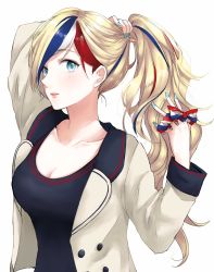 Rule 34 | 10s, 1girl, adjusting hair, bad id, bad twitter id, blonde hair, blue eyes, blue hair, blush, breasts, cleavage, commandant teste (kancolle), hair ornament, highres, jacket, kantai collection, long hair, medium breasts, morinaga miki, multicolored hair, nail polish, open mouth, ponytail, red hair, scrunchie, simple background, solo, striped clothes, striped scrunchie, unworn hair ornament, white background, white hair