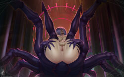 1futa 2022 arachne arthropod_girl artist_name bottomless breasts column commentary completely_nude dated english_commentary extra_eyes full-package_futanari futanari grey_hair heart heart-shaped_pupils highres indoors insect_girl large_breasts legs_up looking_at_viewer monster_girl monster_musume_no_iru_nichijou nipples no_anus nude pillar presenting pussy rachnera_arachnera signature silk solo spider_girl spider_web symbol-shaped_pupils taur testicles themaestronoob uncensored