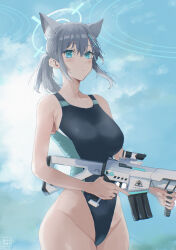 Rule 34 | 1girl, absurdres, animal ear fluff, animal ears, assault rifle, black one-piece swimsuit, blue archive, blue eyes, blue sky, bondtanuki, breasts, cloud, competition swimsuit, cross hair ornament, extra ears, grey hair, gun, hair ornament, halo, highres, low ponytail, medium breasts, medium hair, mismatched pupils, multicolored clothes, multicolored swimsuit, official alternate costume, one-piece swimsuit, rifle, shiroko (blue archive), shiroko (swimsuit) (blue archive), sky, solo, swimsuit, weapon, weapon request, wolf ears