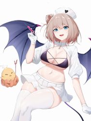 Rule 34 | 1girl, :d, azur lane, bat wings, blue eyes, breasts, brown hair, cleavage, commentary request, criss-cross halter, demon girl, demon tail, demon wings, dot nose, floating, frilled skirt, frills, gloves, halterneck, hand up, hat, highres, holding, holding syringe, kafeifeifeifeifeifei jiemo jun, large breasts, legs together, manchester (azur lane), manchester (midnight devil in white) (azur lane), manjuu (azur lane), midriff, navel, nurse cap, official alternate costume, open mouth, pleated skirt, shrug (clothing), simple background, skirt, smile, solo, syringe, tail, teeth, thighhighs, thighs, upper teeth only, white background, white gloves, white skirt, white sleeves, white thighhighs, wings, zipper pull tab
