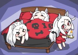 Rule 34 | &gt; &lt;, 3girls, :3, > <, animal ear fluff, animal ears, bed, bed sheet, black tail, blush, bone print, candle, candlelight, cerberus (helltaker), chibi, commentary request, demon girl, demon tail, dog ears, dog girl, fang, grin, helltaker, highres, long hair, looking at viewer, multiple girls, open mouth, planb, red eyes, skin fang, skull print, sleeping, sleepwear, smile, tail, triplets, white hair, x3