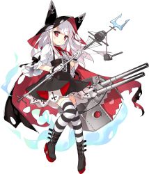 Rule 34 | 1girl, anchor, aura, azur lane, belt, black footwear, blush, boots, cannon, cape, cross, erebus (azur lane), full body, gloves, holding, holding weapon, hood, looking at viewer, medium hair, official art, platform boots, platform footwear, polearm, red eyes, ribbon, saru, solo, spear, striped clothes, striped thighhighs, thighhighs, torn cape, torn clothes, transparent background, weapon, white gloves, white hair