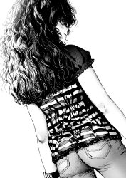 Rule 34 | 1girl, absurdres, ass, curly hair, denim, dutch angle, from behind, greyscale, highres, jeans, long hair, looking at viewer, momimomimomooon, monochrome, original, pants, profile, puffy short sleeves, puffy sleeves, shirt, short sleeves, simple background, solo, standing, striped clothes, striped shirt, watch, wristwatch