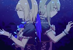 Rule 34 | 2girls,  ul, always and forever (vocaloid), back-to-back, bad id, bad pixiv id, bird wings, blonde hair, blue dress, blue flower, blue rose, blue wings, choker, crying, crying with eyes open, dress, closed eyes, flower, frilled dress, frills, green eyes, green hair, gumi, hair ornament, hairband, hairclip, hand on own chest, kagamine rin, lolita fashion, multiple girls, night, night sky, outstretched hand, profile, rose, sad, short hair, short sleeves, sidelocks, sky, smile, song name, star (sky), starry sky, tears, tree, vocaloid, wings