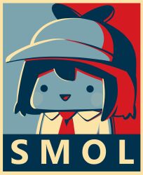 Rule 34 | . ., 1girl, :d, barack obama hope poster, blue background, blush stickers, border, chibi, commentary, deerstalker, english text, hat, highres, hololive, hololive english, long sleeves, necktie, open mouth, parody, phdpigeon, red background, red necktie, shirt, smile, smol ame, solid circle eyes, solo, style parody, two-tone background, upper body, virtual youtuber, watson amelia, white border, white shirt