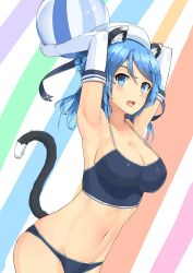 Rule 34 | 10s, 1girl, animal ears, armpits, arms up, bad id, bad pixiv id, ball, beachball, bikini, blue bikini, blue eyes, blue hair, breasts, cat ears, cleavage, cowboy shot, dutch angle, elbow gloves, from side, gloves, hair bun, hat, highres, kantai collection, kemonomimi mode, large breasts, looking at viewer, medium hair, navel, open mouth, osananajimi neko, side bun, simple background, single hair bun, single side bun, solo, strap gap, swimsuit, tail, urakaze (kancolle), white gloves