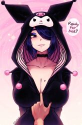 Rule 34 | 1boy, 1girl, absurdres, arms behind back, breasts, character hood, choker, cleavage, cleavage reach, ear piercing, earrings, eyeshadow, hair over one eye, highres, jewelry, kuromi, lace, lace choker, large breasts, makeup, mole, mole on breast, original, parted lips, piercing, pom pom (clothes), sanrio, sidelocks, sparkle background, the scarlet devil, upper body, vivienne (the scarlet devil)