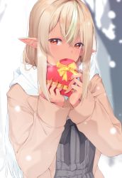 Rule 34 | 1girl, absurdres, bad id, bad pixiv id, black dress, blonde hair, blush, box, coat, covering own mouth, dark-skinned female, dark skin, dress, elf, enpera, gift, gift box, hair between eyes, heart-shaped box, highres, holding, holding gift, hololive, kurogane tekki, long hair, looking at viewer, multicolored hair, official alternate costume, outdoors, pointy ears, red eyes, ribbon, scarf, shiranui flare, shiranui flare (street), sidelocks, snowing, solo, streaked hair, tree, valentine, virtual youtuber, white hair, white scarf, yellow coat, yellow ribbon