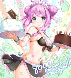 Rule 34 | 1girl, bikini, blue eyes, blush, bracelet, breasts, cake, candle, cleavage, double bun, food, fork, hair bun, headdress, holding, holding plate, jewelry, looking at viewer, maid, maid bikini, medium breasts, na53, navel, original, pink hair, plate, smile, solo, spoon, standing, swimsuit, tongue, tongue out, unconventional maid