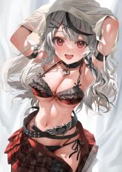 Rule 34 | 1girl, :d, arm strap, arms up, banned artist, belt, bikini, black belt, black collar, blush, braid, breasts, cleavage, collar, fang, frilled bikini, frills, grey hair, hair ornament, hairclip, heart pendant, highres, hololive, large breasts, long hair, looking at viewer, mismatched bikini, multicolored hair, open clothes, open mouth, open skirt, parsley-f, plaid, plaid skirt, red eyes, red skirt, sakamata chloe, side-tie bikini bottom, skirt, smile, solo, strap gap, streaked hair, swimsuit, undressing, virtual youtuber, wavy hair, x hair ornament
