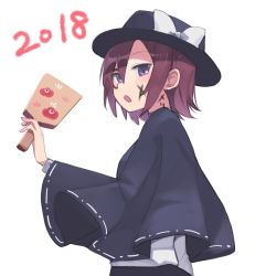 Rule 34 | 1girl, 2018, black hat, bow, brown hair, capelet, commentary request, dated, drawing on another&#039;s face, from side, hagoita, hair between eyes, hat, hat bow, highres, holding, long sleeves, looking at viewer, new year, open mouth, paddle, purple eyes, short hair, simple background, solo, touhou, upper body, usami renko, usuaji, white background, white bow