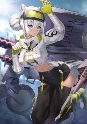 Rule 34 | 1girl, animal ears, arm up, black pants, blue eyes, breast pocket, character request, copyright request, crop top, day, double bun, extra ears, gloves, goggles, goggles on head, hair bun, hand up, high collar, highres, hip vent, long sleeves, looking at viewer, machinery, midriff, navel, outdoors, pants, parted lips, pocket, ririko (zhuoyandesailaer), shirt, shoes, solo, sunlight, white hair, white shirt, x2: eclipse