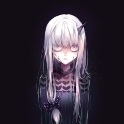 Rule 34 | 1girl, albino, bags under eyes, black background, black bow, black dress, blood, blood on face, bow, dress, expressionless, fate/grand order, fate (series), frown, hair between eyes, horns, lavinia whateley (fate), long hair, long sleeves, pale skin, polka dot, polka dot bow, purple eyes, ribbed dress, sagta panggang, sanpaku, shaded face, sidelocks, single horn, solo, staring, white hair, wide-eyed, wide sleeves