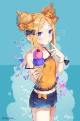 Rule 34 | 1girl, abigail williams (fate), artist name, bandaid, bandaid on face, bandaid on forehead, bare arms, bare shoulders, black bow, blonde hair, blue eyes, bow, camisole, collarbone, commentary request, cowboy shot, cutoffs, denim, denim shorts, double bun, fate/grand order, fate (series), food, hair bow, hair bun, holding, holding food, ice cream, lace trim, long hair, looking at viewer, midriff, multiple hair bows, navel, nyanya, orange bow, orange shirt, parted bangs, polka dot, polka dot bow, shirt, short shorts, shorts, sidelocks, sleeveless, sleeveless shirt, solo, spaghetti strap, spoken blush, standing, strap slip, thighs, tongue, tongue out, twitter username, two-tone background