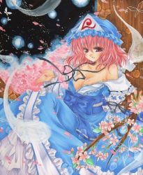 Rule 34 | 1girl, acrylic paint (medium), breasts, cherry blossoms, cleavage, dress, female focus, flower, ghost, hat, marker (medium), nature, painting (medium), petals, plant, rano, saigyouji yuyuko, sitting, solo, touhou, traditional media, tree